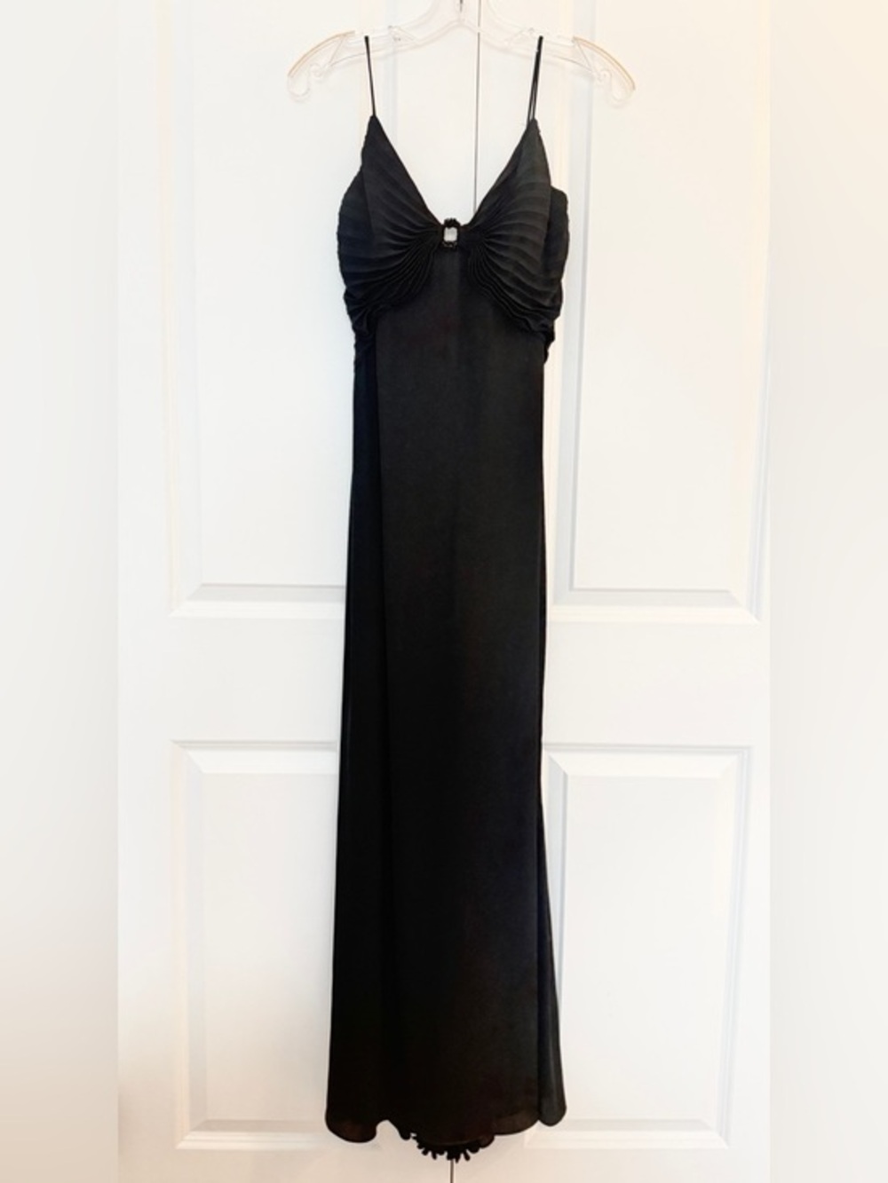 Badgley Mischka Full Length Black Dress with Pleated Top and Ring Embellishment